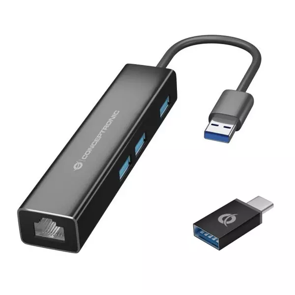&divide; Adaptador usb a gigabit ethernet rj45 conceptronic con hub usb 3.0 3 puertos y adaptador usb-c