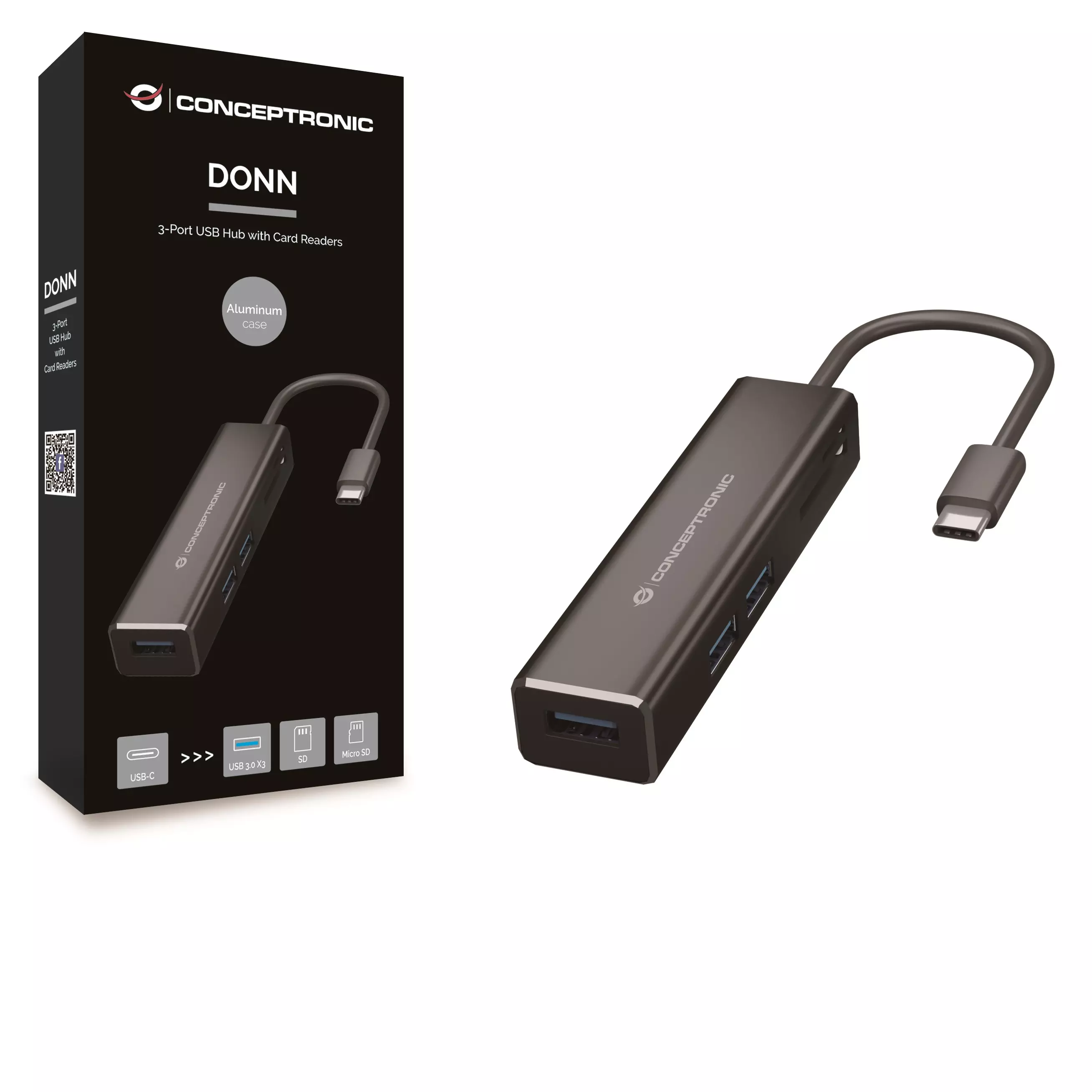 &divide; Hub 3.1 usb-c conceptronic donn08 3 puertos usb 3.0 y lector tarjetas sd / microsd