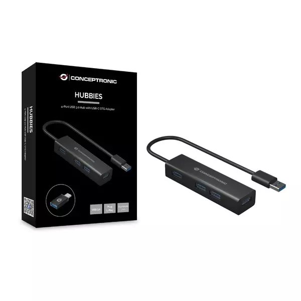 &divide; Hub usb 3.0 conceptronic hubbies06b 4 puertos usb 3.0 con adaptador usb-c color negro carcasa de alu