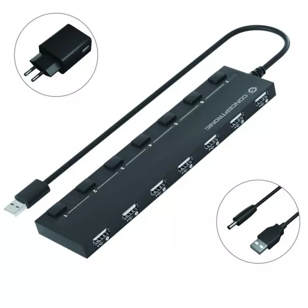 &divide; Hub usb 2.0 conceptronic hubbies08 a 7xusb-a 2.0 con interruptores y alimentador