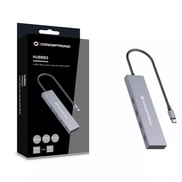&divide; Hub usb 3.2 conceptronic hubbies14g 4 puertos usb-c 10gbps 100w pd carcasa de aluminio