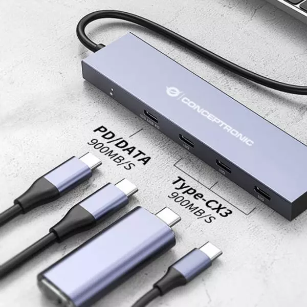 &divide; Hub usb 3.2 conceptronic hubbies14g 4 puertos usb-c 10gbps 100w pd carcasa de aluminio