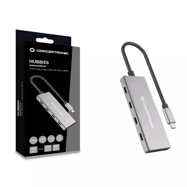 &divide; Hub usb 3.2 conceptronic hubbies16g 4-port usb 3.2 gen 2 hub, 10gbps, usb-c x 4, 100w usb pd, alumin