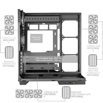 &divide; Caja atx semitorre gaming mars gaming mc3gf triple cristal templado argb gpu 383mm 1x3.5 3x2.5 negro