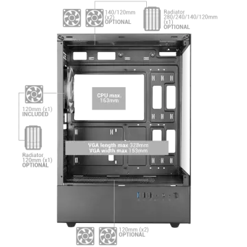 &divide; Caja atx mars gaming mcxo doble cristal templado argb gpu 328mm 1x3.5 3x2.5 negro
