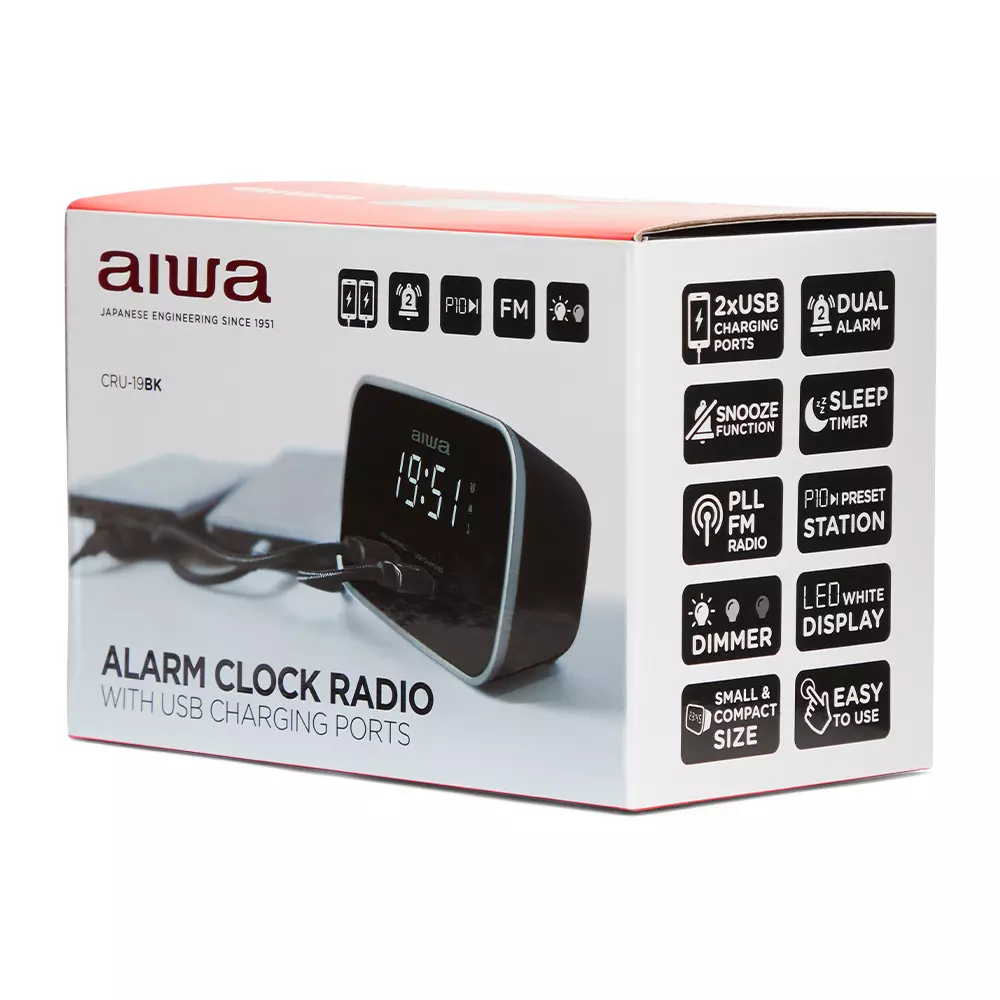 &divide; Radio despertador aiwa cru-19 black 2 puertos usb de carga 5v 2.4a