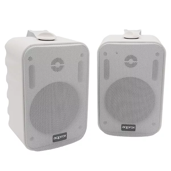 &divide; Altavoces 2.0 autoamplificados approx 15w por canal con soporte para colgar especificos para salas y