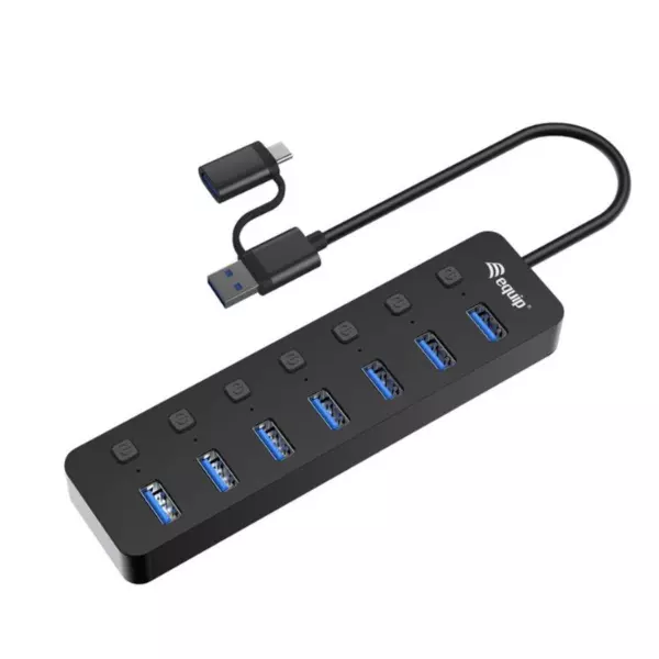 &divide; Hub usb equip life 128965 7 puertos usb-a 3.2 gen1 con interruptor led 5v/2a incluye adaptador a usb