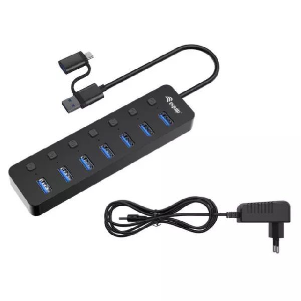 &divide; Hub usb equip life 128965 7 puertos usb-a 3.2 gen1 con interruptor led 5v/2a incluye adaptador a usb