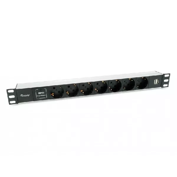 &divide; Regleta alimentacion aluminio rack 19" 1u 7 tomas tipo shucko euro + 2 tomas usb con protector spd c
