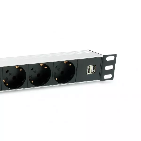 &divide; Regleta alimentacion aluminio rack 19" 1u 7 tomas tipo shucko euro + 2 tomas usb con protector spd c
