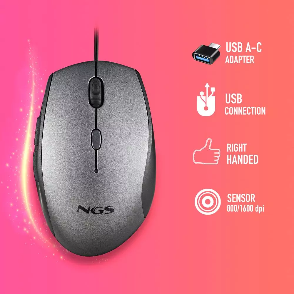 &divide; Mouse ngs ergo moth gray con cable y botones silenciosos. adaptador usb a tipo c