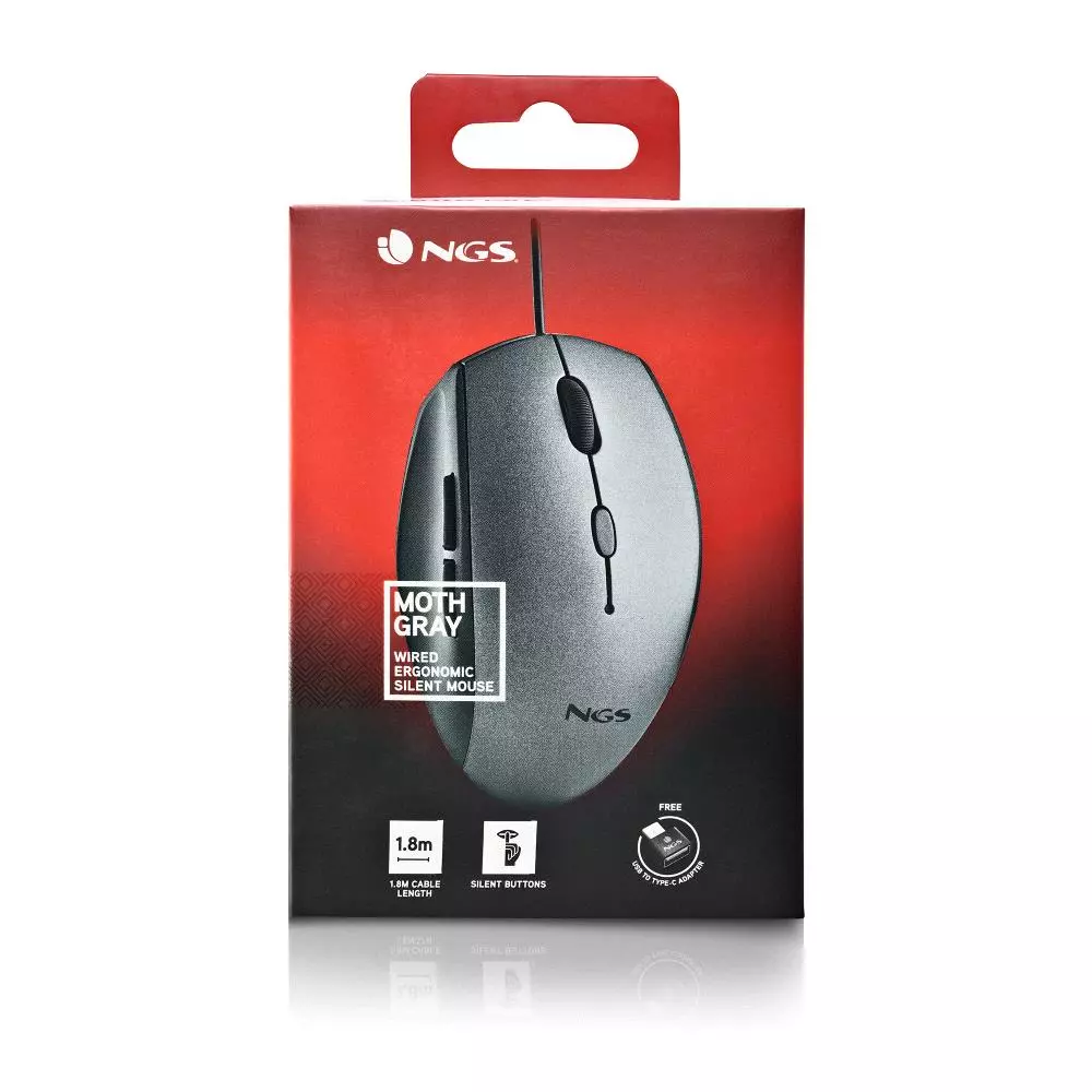 &divide; Mouse ngs ergo moth gray con cable y botones silenciosos. adaptador usb a tipo c