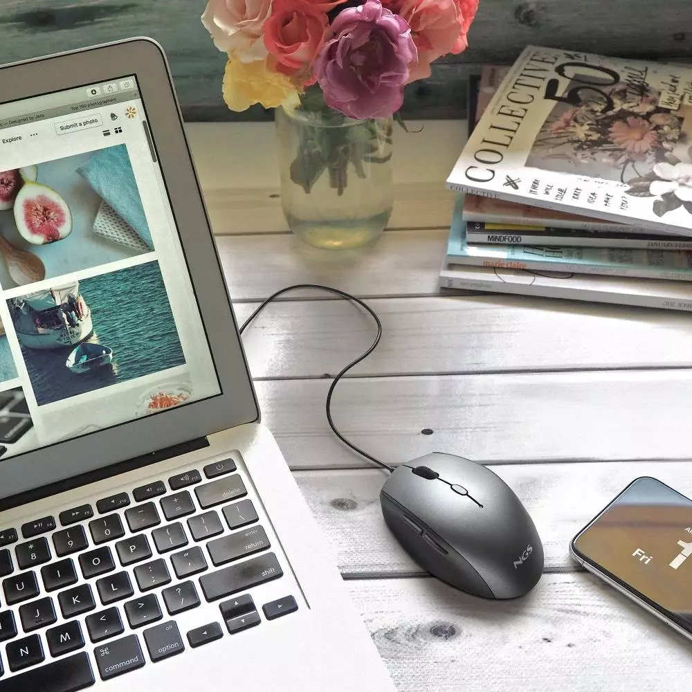 &divide; Mouse ngs ergo moth gray con cable y botones silenciosos. adaptador usb a tipo c