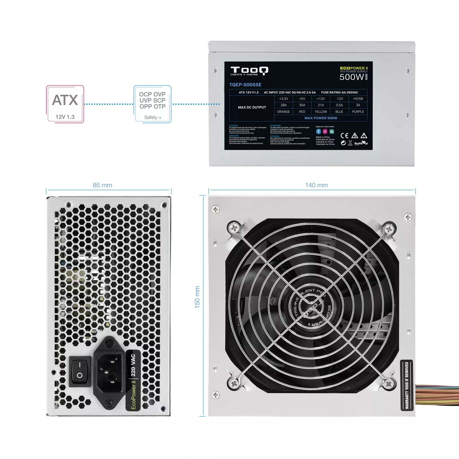 &divide; Fuente de alimentacion tooq 500w tqep-500sse fan 12cm 4 sata/2 molex cable alimentaci?n desti