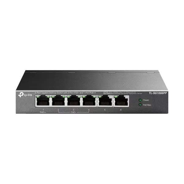 &divide; Switch no gestionable tp-link sg1006pp 6p 10/100/1000 mbps de estos 3p poe+ y 1p poe++ (64w) sobreme