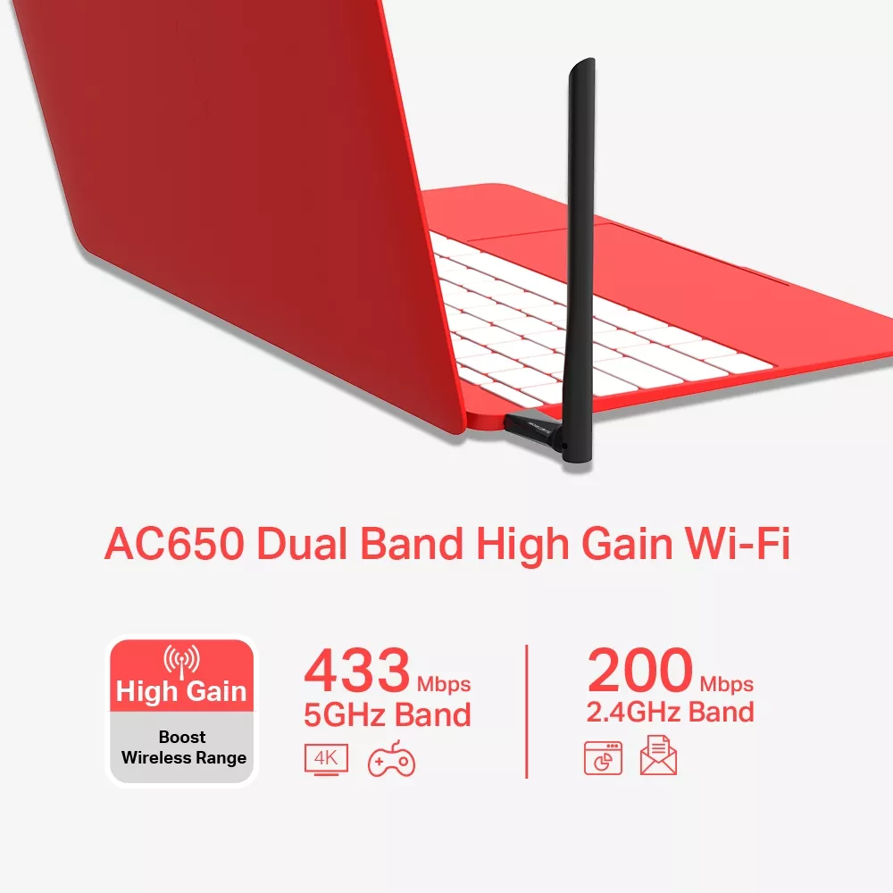 &divide; Usb wifi mercusys mu6h ac650 200mb en 2,4ghz y 433mb en 5ghz usb2.0 antena integrada 5dbi