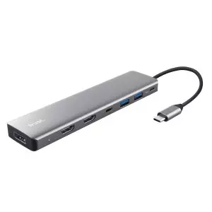 &divide; Hub usb-c trust dalyx 7 en 1 aluminio 2hdmi 4k  1dp 2xusb-a 3.2 1xusb-c pd 100w