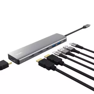 &divide; Hub usb-c trust dalyx 7 en 1 aluminio 2hdmi 4k  1dp 2xusb-a 3.2 1xusb-c pd 100w
