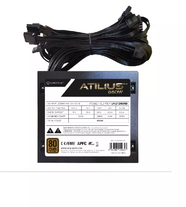 &divide; Fuente de alimentacion unyka 650w atilus 80plus bronze pfc activo ventilador 120mm ultra silcios
