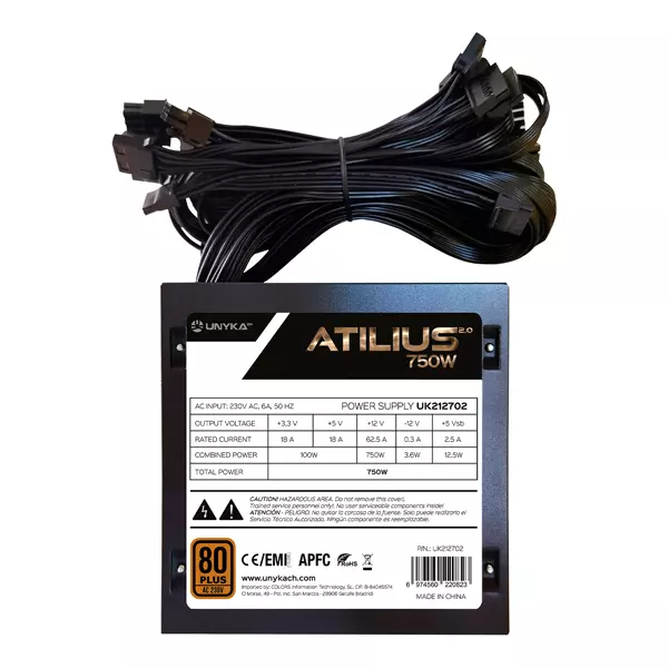 &divide; Fuente de alimentaci?n unyka 750w atilus 80plus bronze pfc activo ventilador 120mm ultra silenci