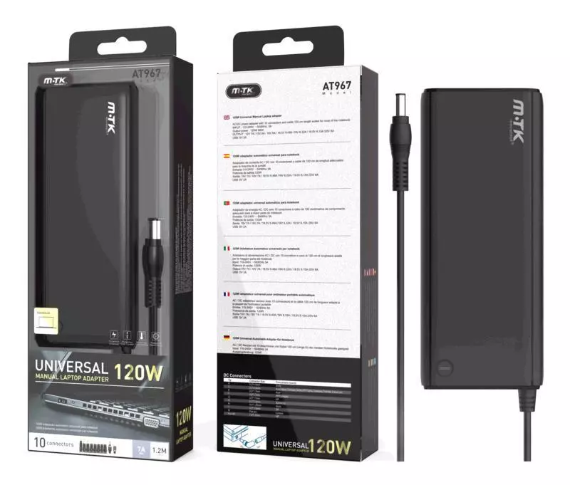 Cargador para port&aacute;til universal manual 120W / 10 conectores / 1.2m / AT967 / Mtk