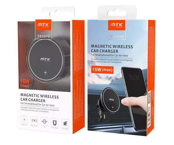 Cargador Inal&aacute;mbrico QI / 15W / con soporte magnetico para rejilla aire coche / Te5019 / Negro / Mtk