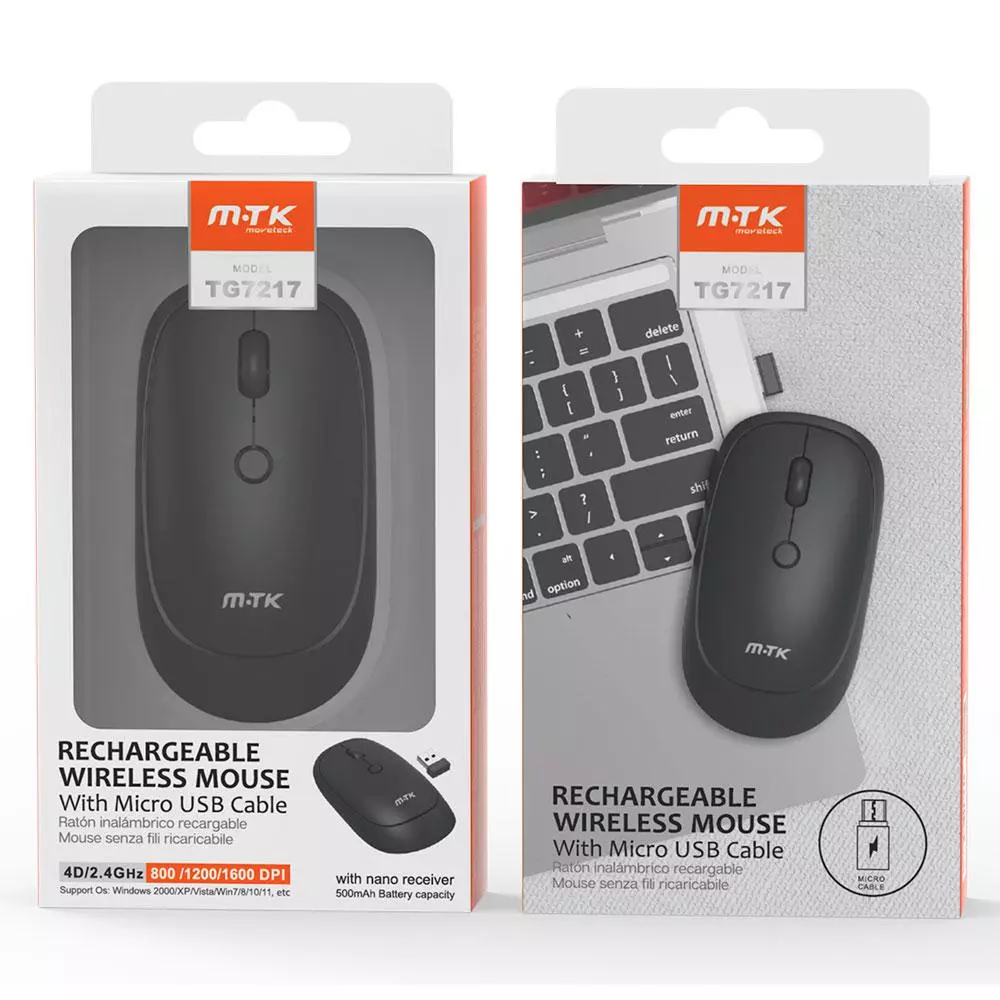 Raton inal&aacute;mbrico recargable TG7217 / RF 2.4Ghz / 1600 dpi / 500mah / Cable MicroUsb / Negro / MTK