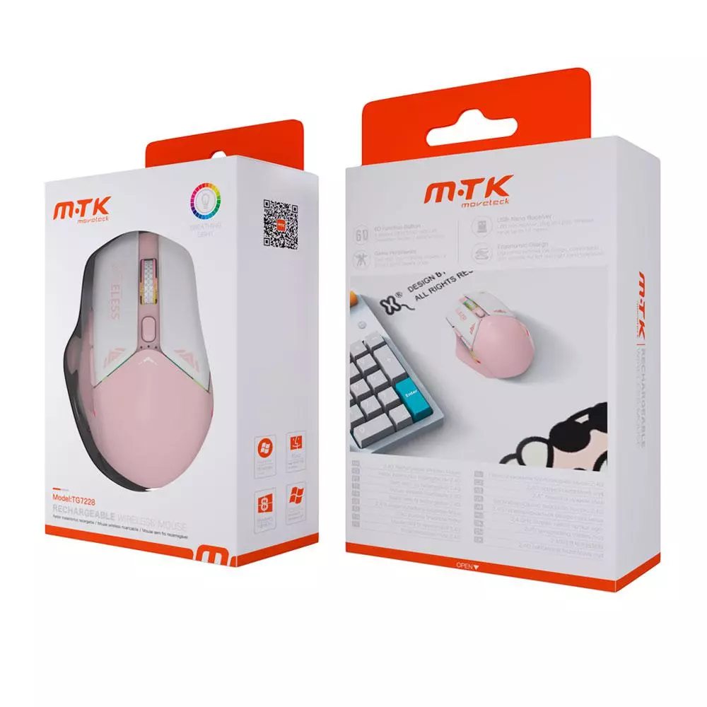 Raton inal&aacute;mbrico recargable Luxury TG7228 / RF 2.4Ghz / 1600 dpi / 400mah / Luz Led / Rosa / MTK