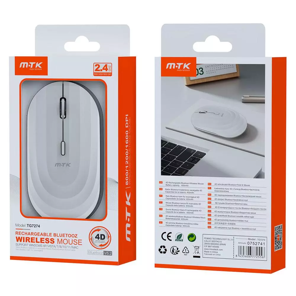 Raton inal&aacute;mbrico recargable Wave TG7274 / RF 2.4Ghz / Bluetooth 5.2 / 1600 dpi / 400mah / Blanco / MTK