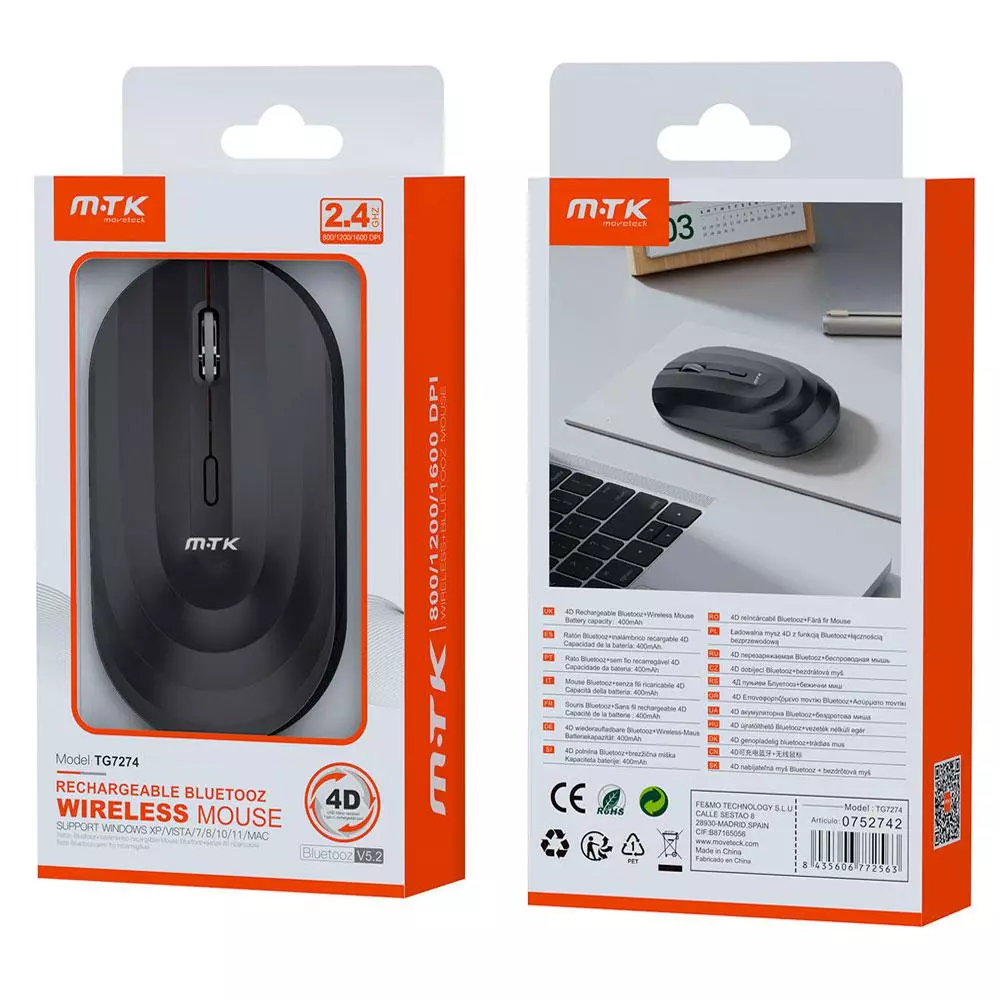 Raton inal&aacute;mbrico recargable Wave TG7274 / RF 2.4Ghz / Bluetooth 5.2 / 1600 dpi / 400mah / Negro / MTK