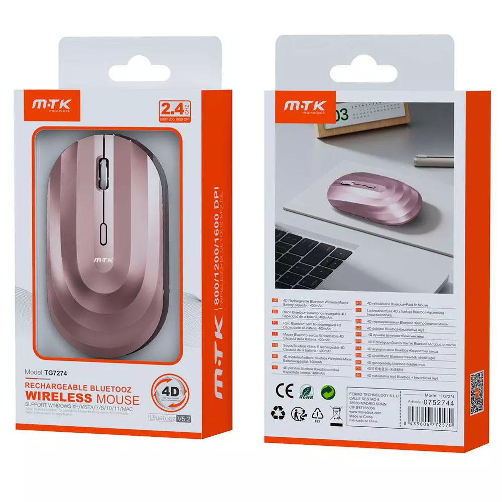 Raton inal&aacute;mbrico recargable Wave TG7274 / RF 2.4Ghz / Bluetooth 5.2 / 1600 dpi / 400mah / Rosa / MTK