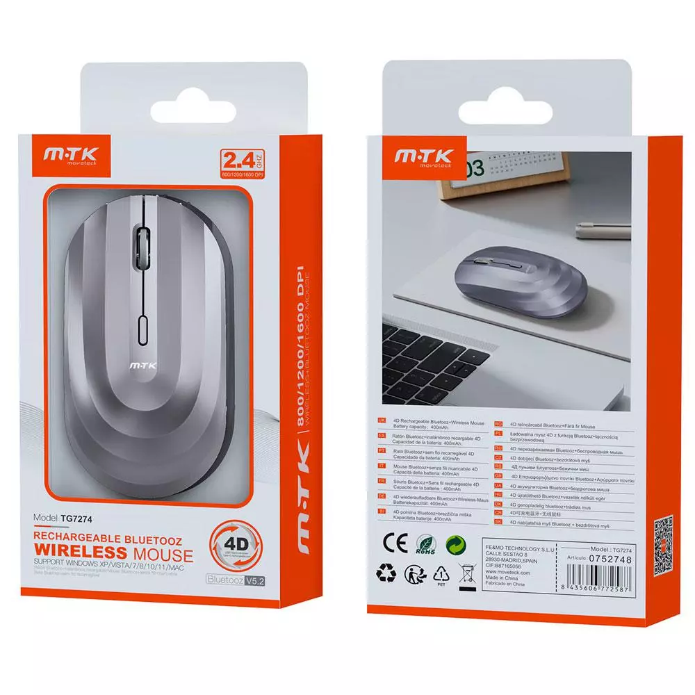 Raton inal&aacute;mbrico recargable Wave TG7274 / RF 2.4Ghz / Bluetooth 5.2 / 1600 dpi / 400mah / Plata / MTK