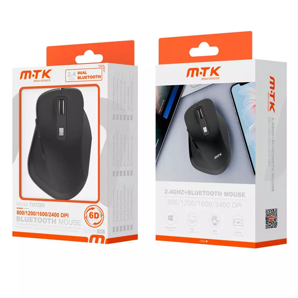 Raton inal&aacute;mbrico recargable Ergonomico Luxury TG7289 / RF 2.4Ghz / Bluetooth 5.2 / 2400 dpi / 500mah / Negro / MTK