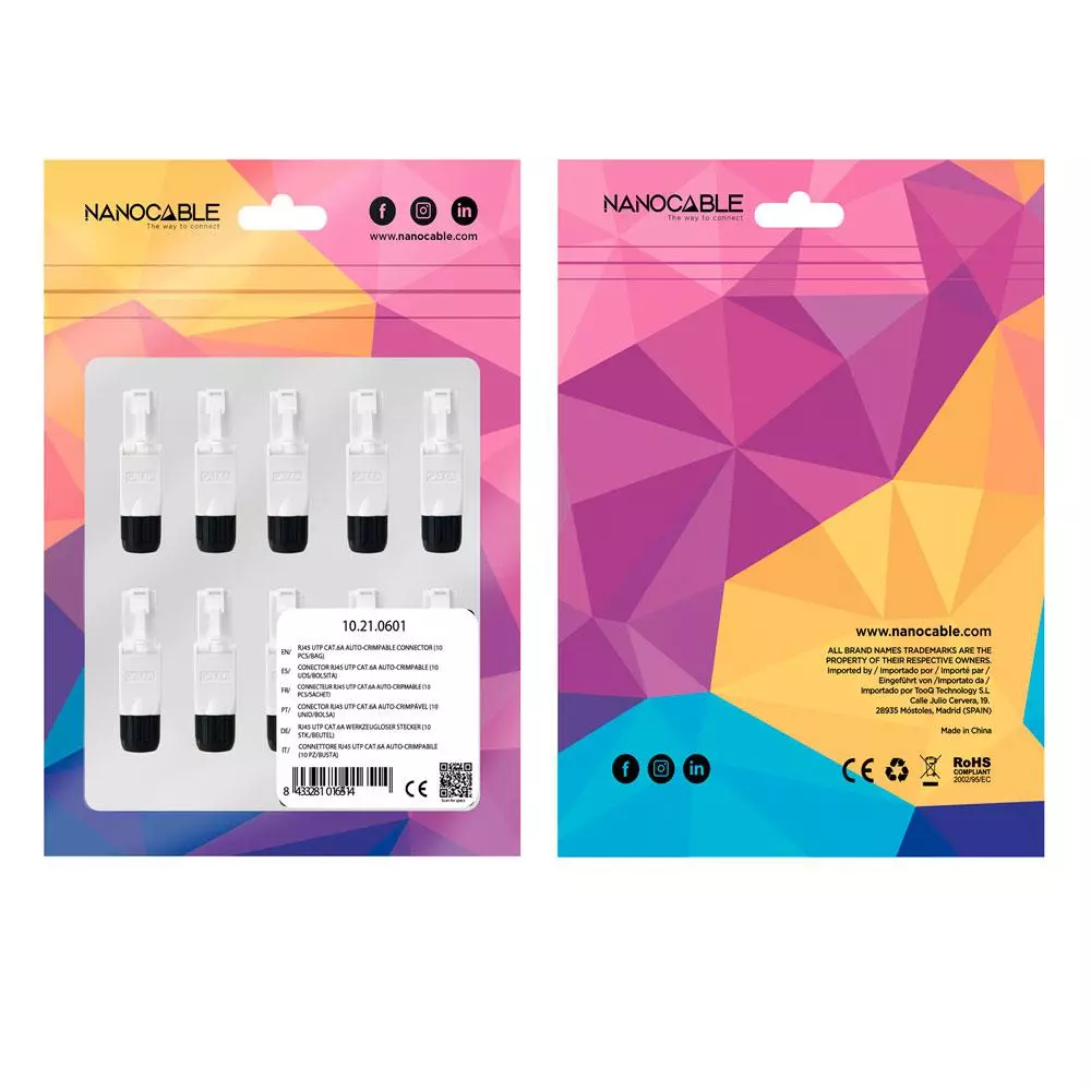 Conector RJ45 8 hilos cat.6A Utp (Pack 10 uds) / AUTO-CRIMPABLE / Nanocable 10.21.0601
