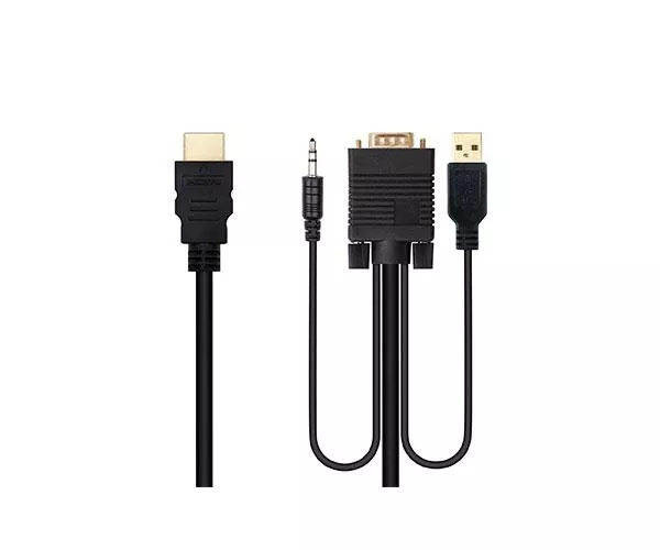 Cable adaptador HDMI a VGA + Audio + USB (Cables 1.8 Metros) Negro / Nanocable 10.15.4350