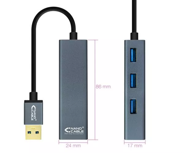 Hub 4 puertos USB 3.0 Nanocable / Aluminio / 10 cm / Gris / 10.16.4402