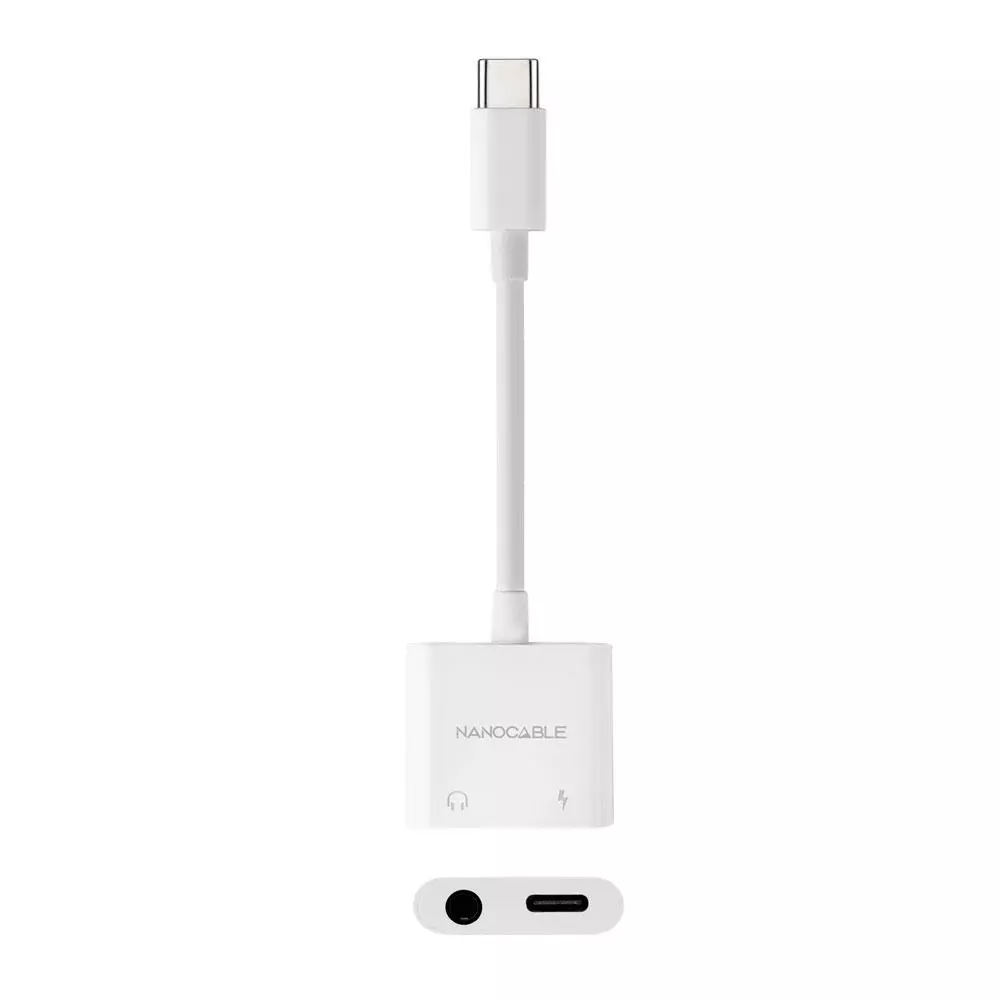 Cable adaptador de audio Type-C / Type-C Hembra PD + Jack 3.5mm Hembra / 65W / 11.5cm / 10.24.1206 / Tooq / Blanco