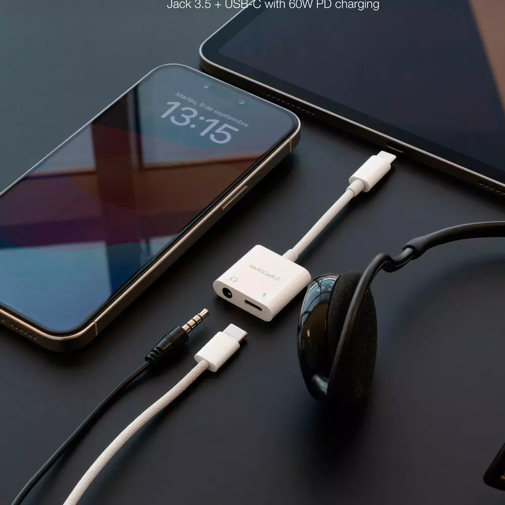 Cable adaptador de audio Type-C / Type-C Hembra PD + Jack 3.5mm Hembra / 65W / 11.5cm / 10.24.1206 / Tooq / Blanco