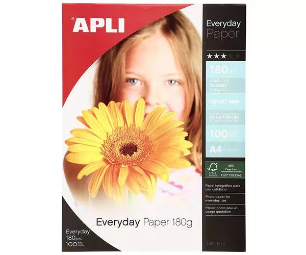 Papel Fotografico Apli A4 / 180 gr./ 100 Hojas / Acabado brillante / 11475