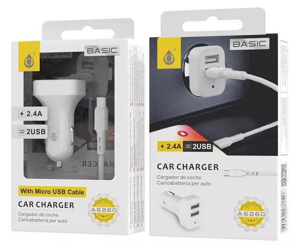 Cargador de coche-mechero con cable Micro USB / 2xUsb / 5v 2.4a / A6260  / Blanco / One+