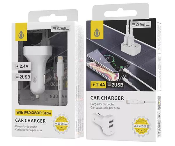 Cargador de coche-mechero Usb x2 + cable iPhone 6/7/8/Xs/Xr/ 5v 2.4a / A6262 / Blanco / One+