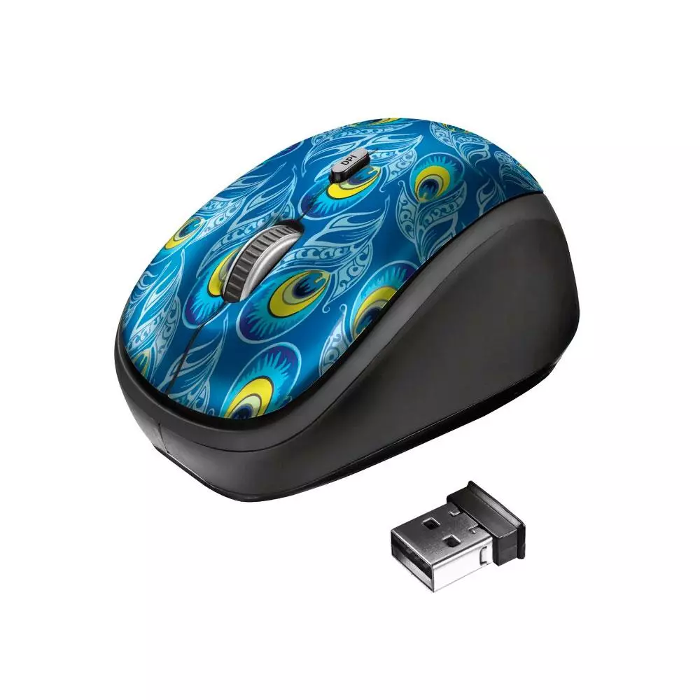 Rat&oacute;n Inal&aacute;mbrico Trust Peacock Yvi / 1600 Dpi / 4 Botones / Dise&ntilde;o Colorido / 23388