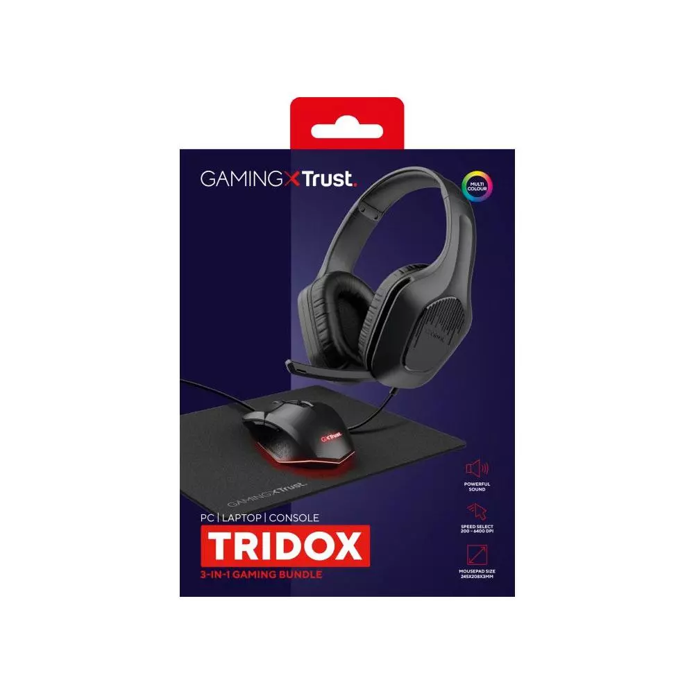 Combo Trust Gaming Gxt 790 Tridox Raton Rgb + Alfombrilla + Auriculares /  6400 Dpi / Negro / 25117