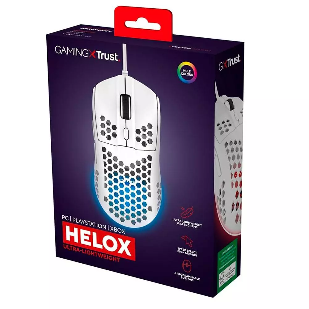 Raton Trust Gaming GXT 928W Helox Blanco / 6.400 Dpi / RGB / 6 Botones / Ultraligero / 25389