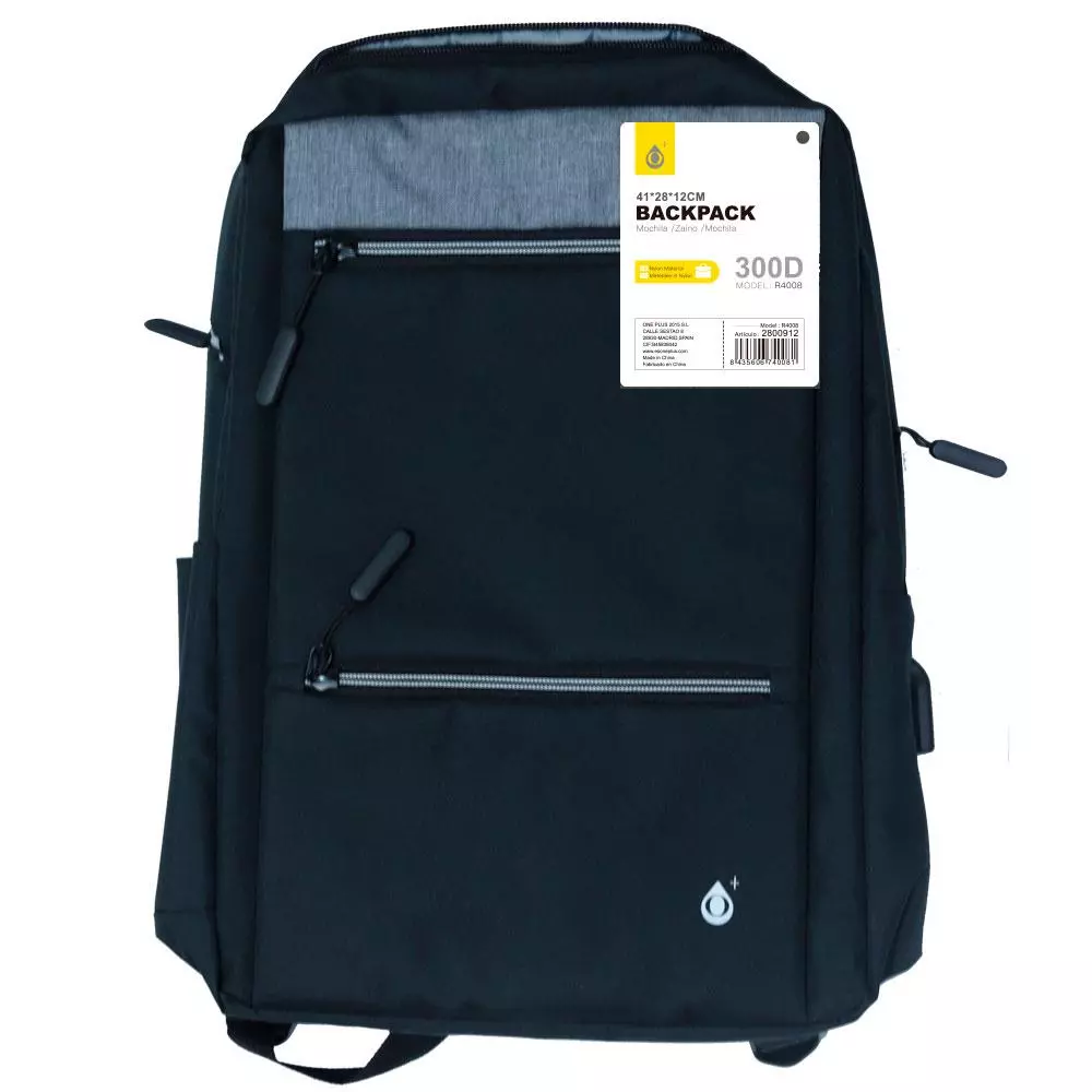 Mochila nylon R4008 / portatiles hasta 16" / Repelente al agua / Negro / One+