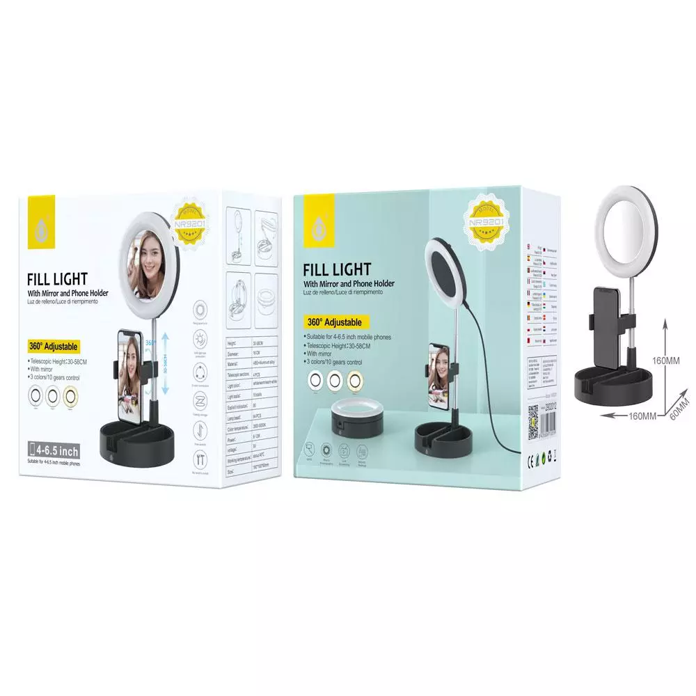 Anillo de Luz led de mesa / Espejo / NR9201 / Negro / Soporte Flexibles Movil / One+