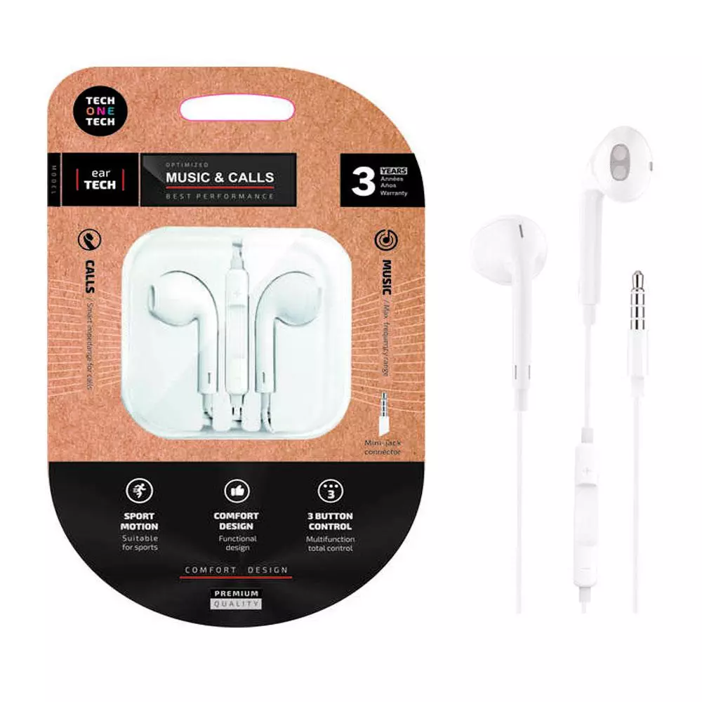 Auriculares Intrauditivos earTECH / Micr&oacute;fono / Jack 3.5 / 1.2m / Sin Silicona / Blancos / TEC1001 / Tech One Tech