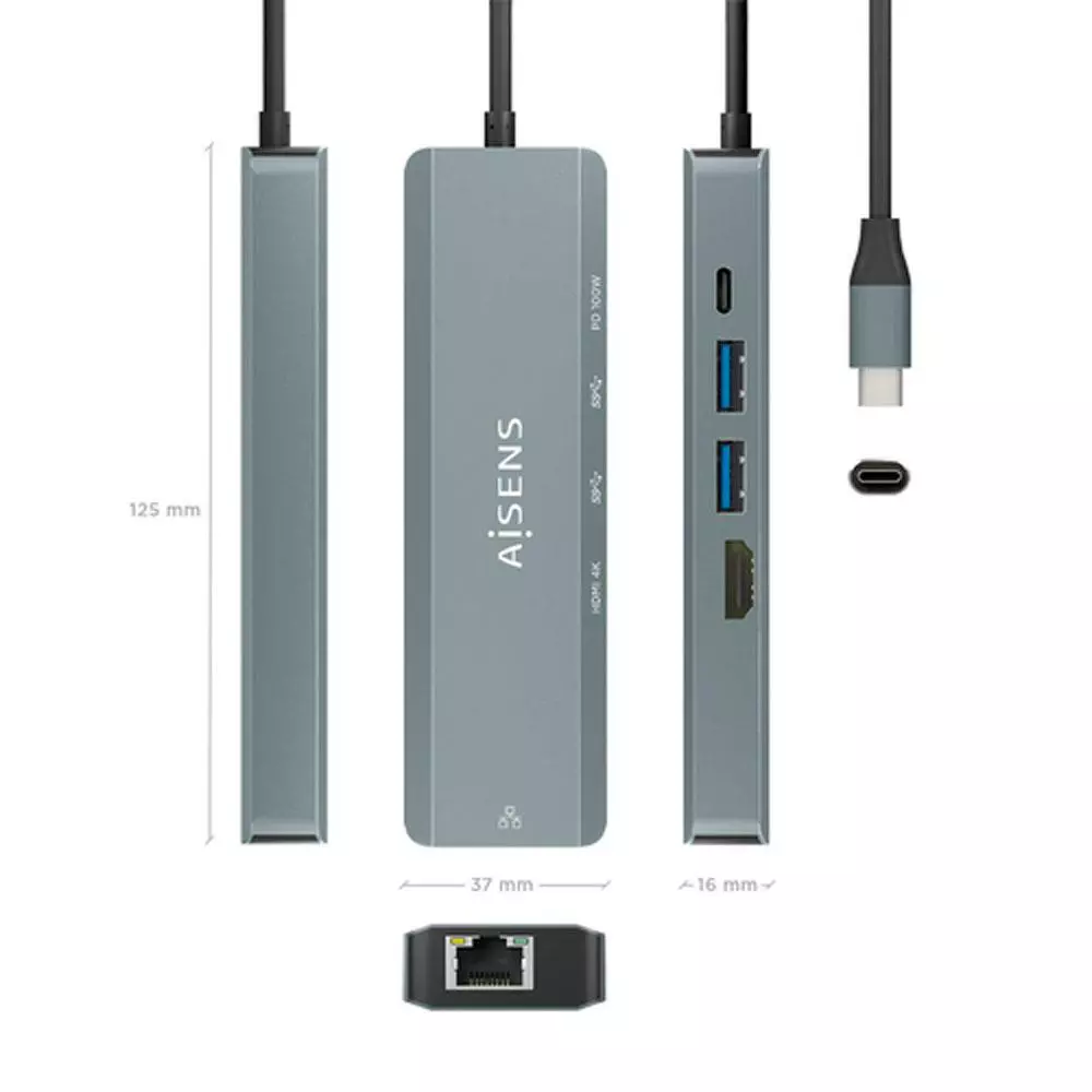 Hub 5 en 1 Type-c / 1xHDMI / 2x USB 3.0 / RJ-45 / PD 100W / 15cm / Aisens / Gris / ASUC-5P011-GR