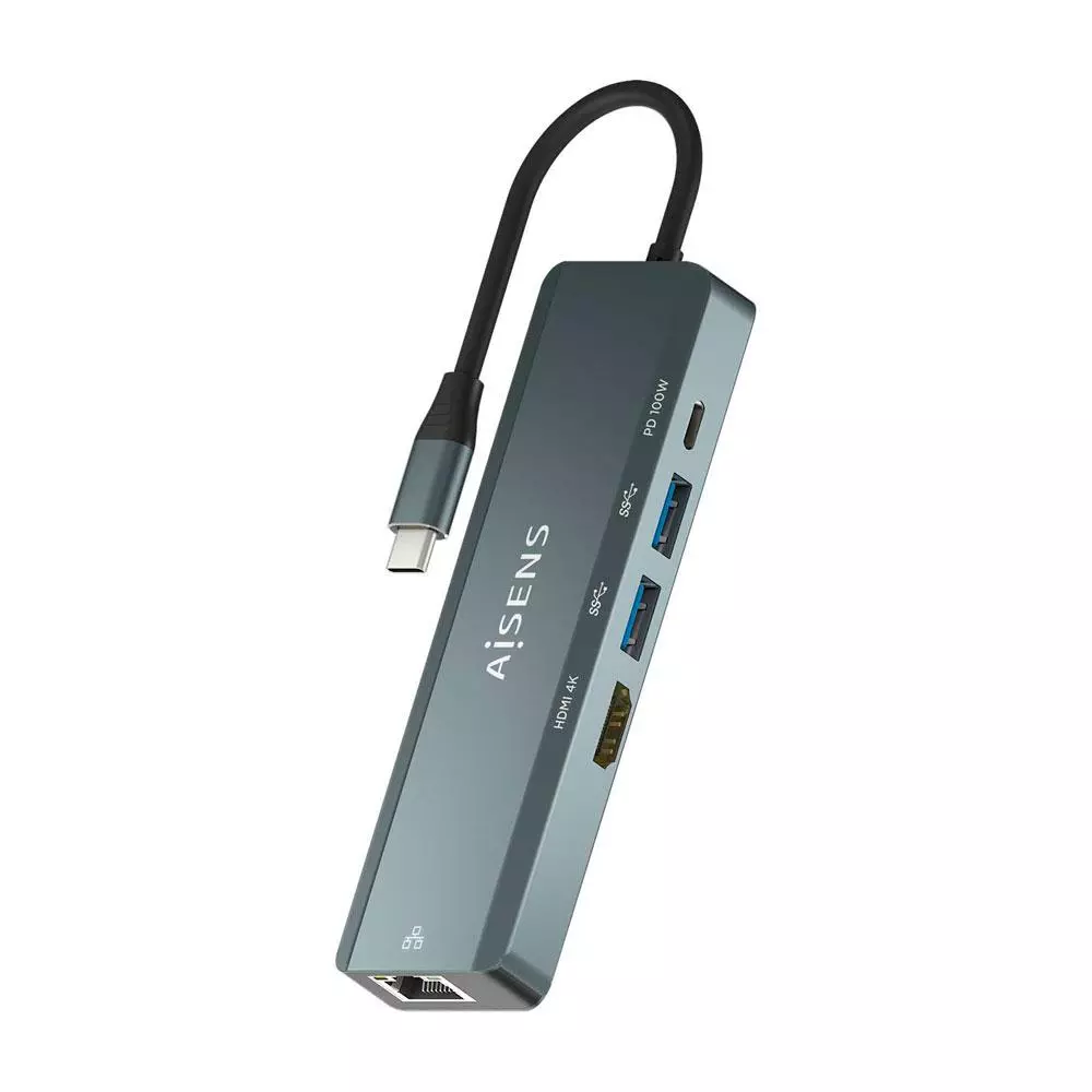 Hub 5 en 1 Type-c / 1xHDMI / 2x USB 3.0 / RJ-45 / PD 100W / 15cm / Aisens / Gris / ASUC-5P011-GR